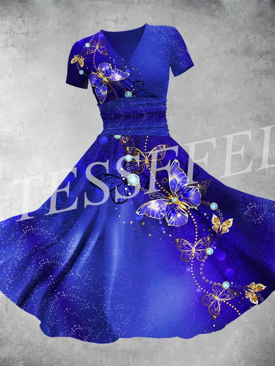 Tessffel New Fashion Blume Farbverlauf bunte Harajuku Vintage Retro Maxi kleid 3dprinted V-Ausschnitt Kurzarm Kleid langes Kleid v1