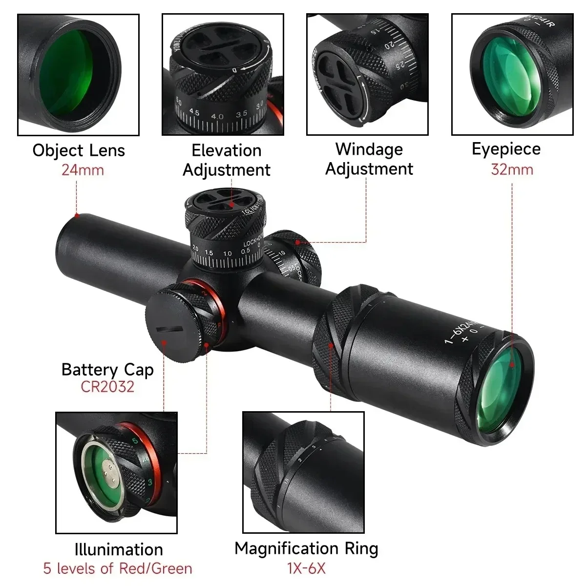 Tactical 1-6x24IR Red / Green Optic Crosshair Reticle Riflescope for Airsoft / Hunting Rifle Accessoirey 11mm/20mm Rail Mount