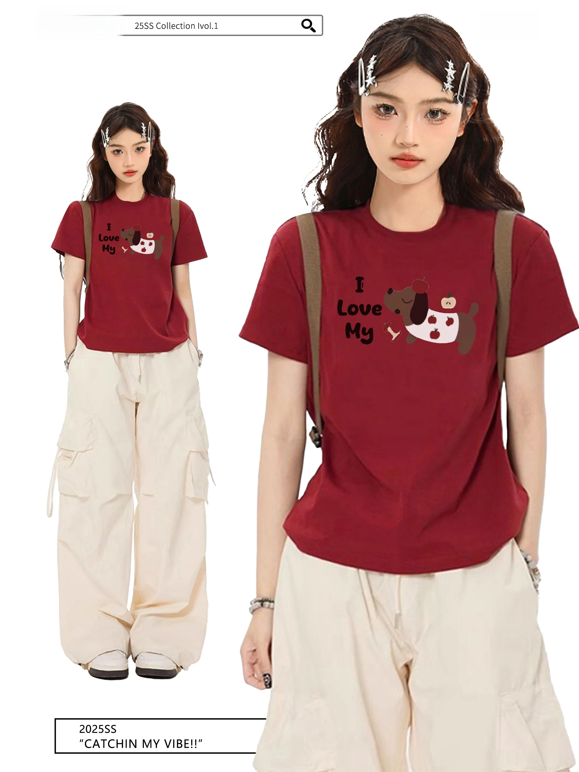 

Red Wine Color ort Sve Slim Fit T-irt Women's Summer American Sweet And Spicy Jazz Sle round Ne Print Cotton Blend