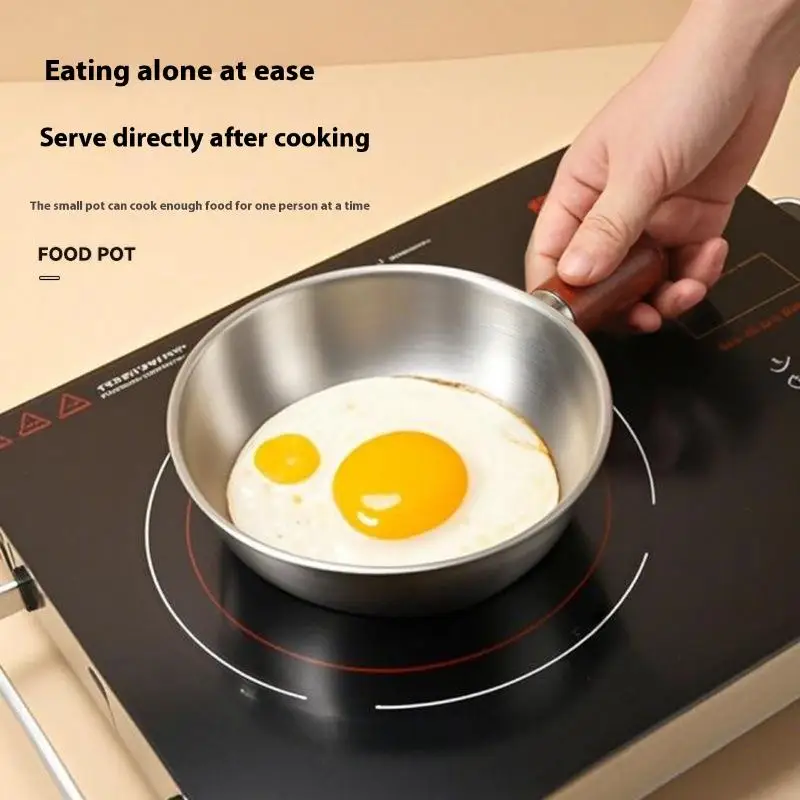 14cm Single-person Pot Stainless Steel Bowl Walnut Wood Handle Fruit Salad Yogurt Bowl Restaurant Breakfast Cooking Tool