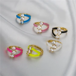 Rainbow Fashion Rings For Women Finger Jewelry Clear CZ Colorful Neon Enamel Open Adjusted Dome Ring