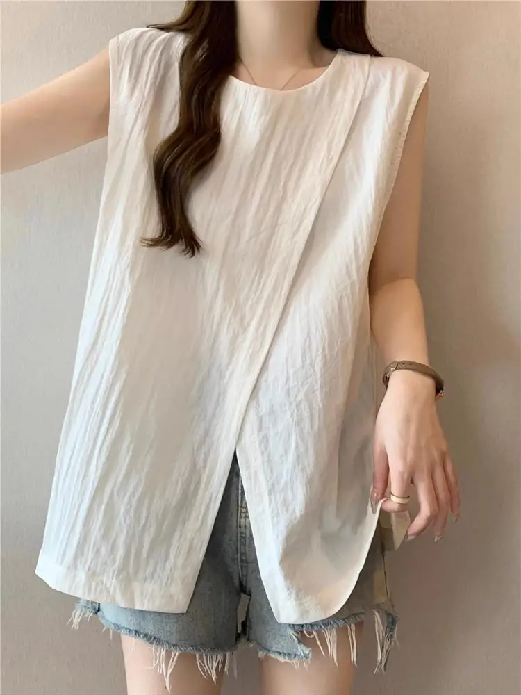 

Женский жилет с ремешком Ele, летний свободный крой, повседневный топ с открытым разрезом, асимметричный подол, верхняя одежда, невдающаяся