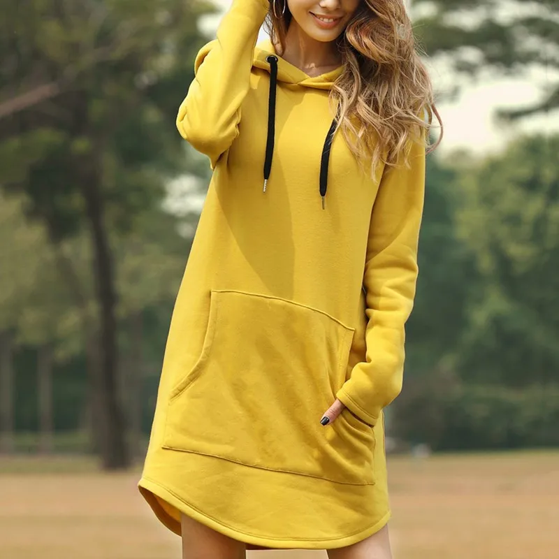 

Pure Color Pullover Sweatshirt Dress Women's Long Hoodie Autumn and Winter Leisure Loose Pockets Hoodies Sweatshirts