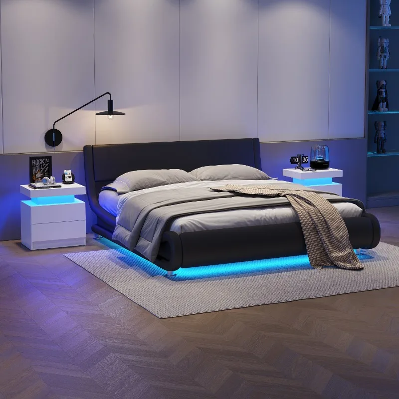 Mesa de cabeceira LED Mesa de cabeceira moderna com 2 gavetas de quarto (branca)