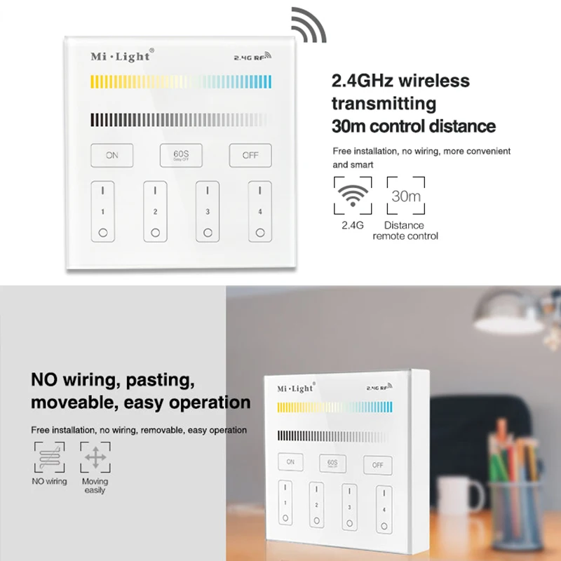 Miboxer B2 2.4G 4-strefowy 86, panel dotykowy, regulacja jasności, wyłącznik czasowy, temperatura barwowa/podwójny biały do lamp LED/sterownik