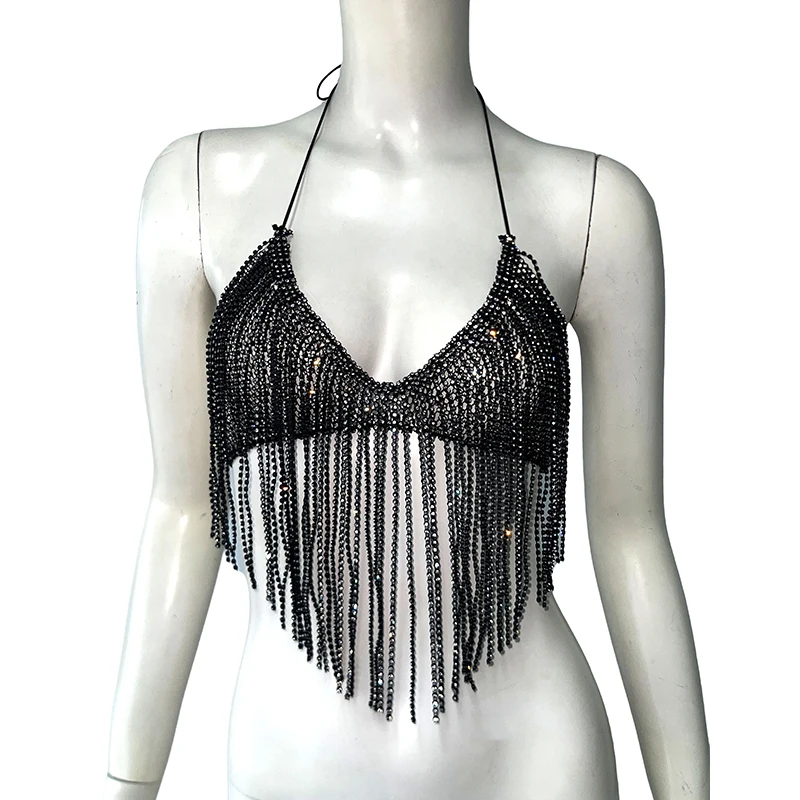 Sexy Backless V Neck Halter Neck Camisole Luxury Shiny Rhinestone Mesh Fringed Tank Top For Women Nightclub Party Crop Tops