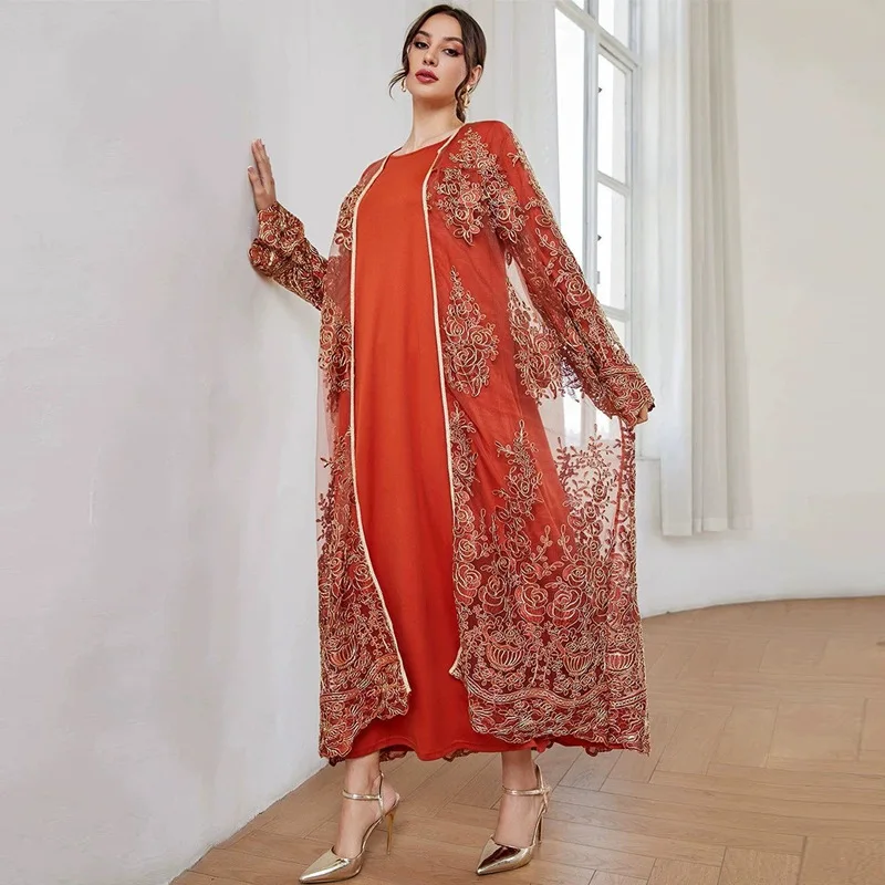 

Eid Mubarak Ramadan Mesh Embroidery Abayas for Women 2 Pieces Set Muslim Dress Dubai Turkey Kaftan Kimono Cardigan Jalabiya Robe