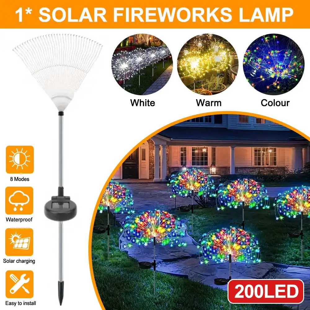 

200 LED Solar Power Firework Lights Garden Decoration Fairy Lights Lamp Waterproof Dandelion Lawn Lamp for Patio Garden Decor