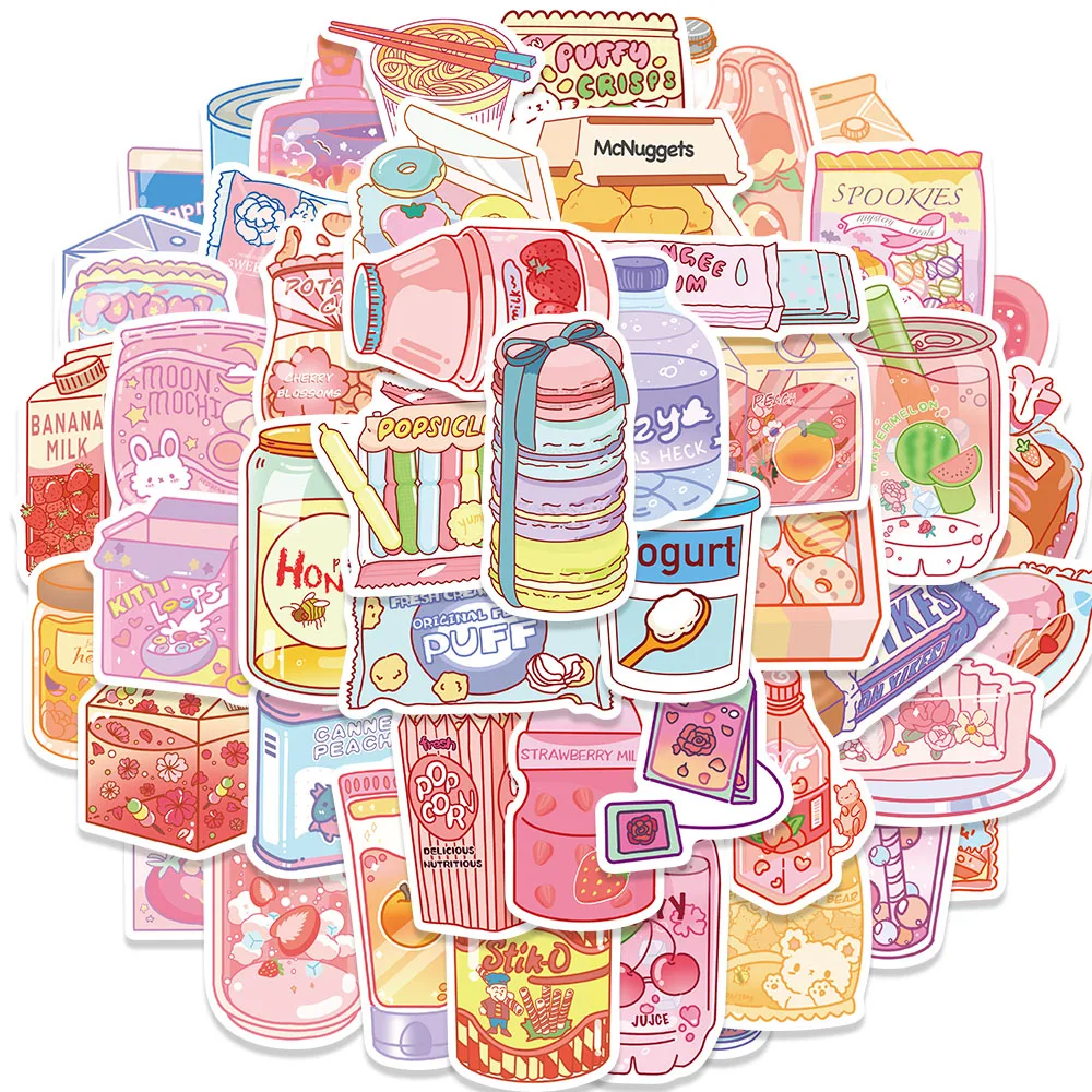 50PCS Ins Style Creative Snack Stickers, DIY Decorative Waterproof Stickers for Mobile Phones, Cups, Stationery Boxes, Scrapbook
