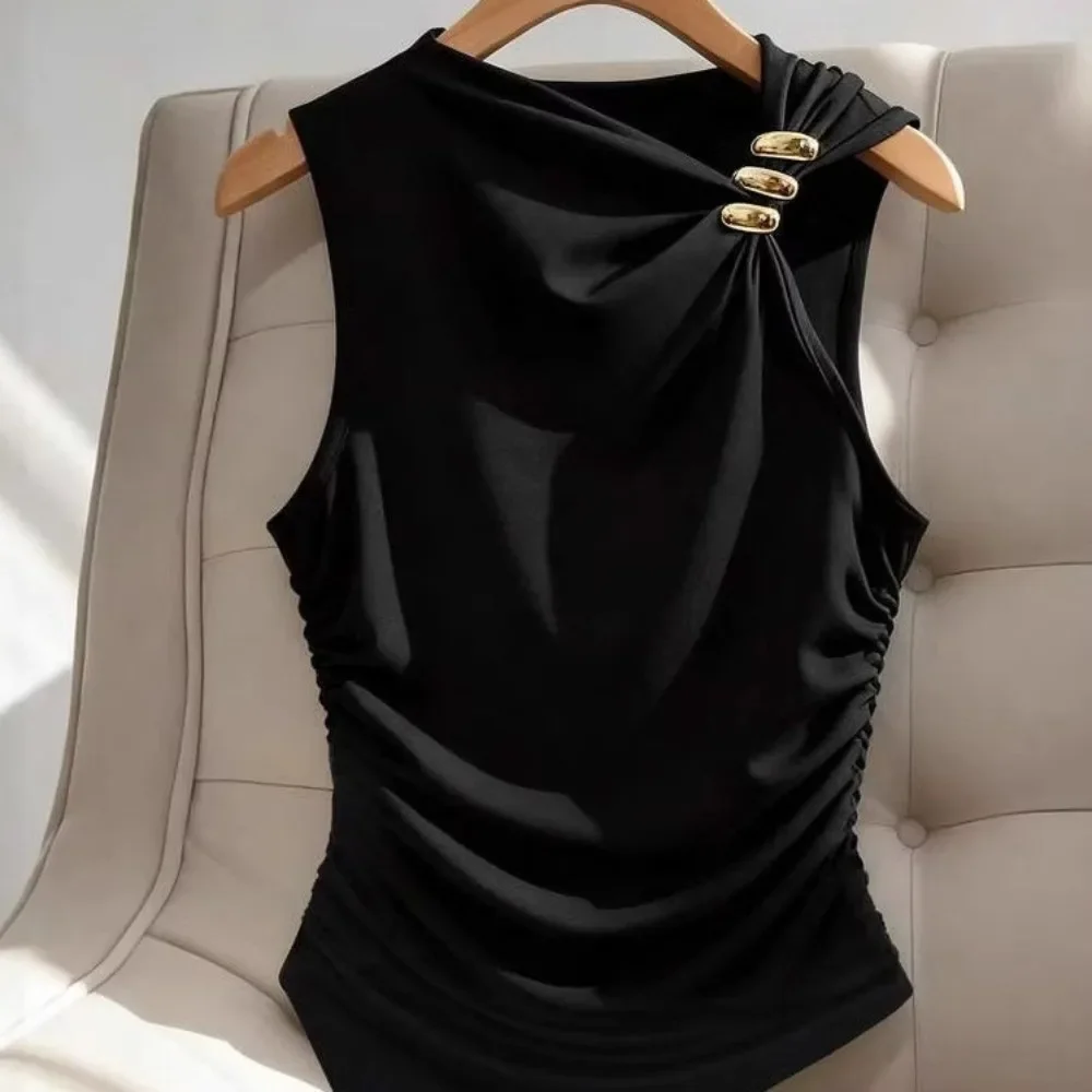 Women Asymmetrical Ruched Tank Top Solid Color Metal Buttons Sleeveless Slim Flattering High End Ladies Camisole Tops