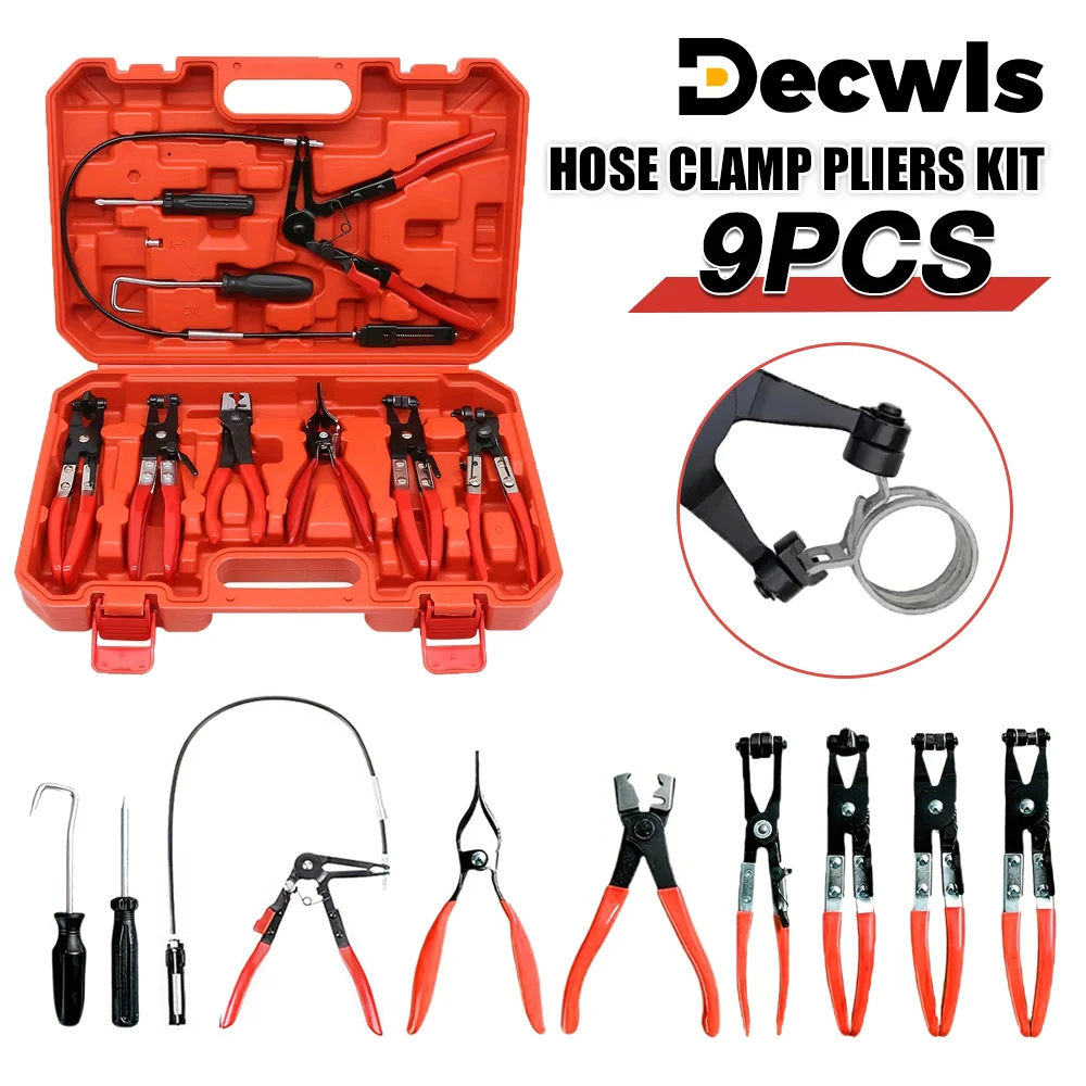 9PCS Set Of Professional Hose Clamp Pliers Screwdriver, Oil Seal Hook Long-Reach Wire Spring Hose Clamp Pliers Auto Repair Tools