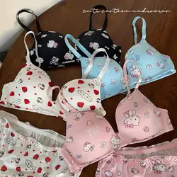 Kawaii Sanrio Hello Kitty Bra Underwear Set Anime Print Small Size Swimsuit Set Breathable Cartoon Cute Girl Without Wires Bra