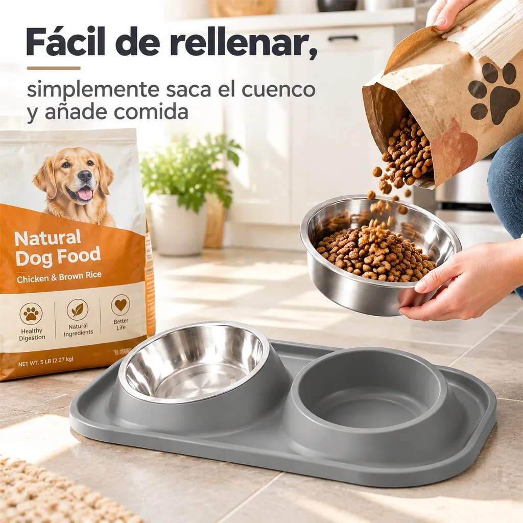 Comedero Doble para Perros y Gatos con Cuencos de Acero Inoxidable, Base Elevada con Inclinación de 15 Grados, Soporte de Plástico PP Antigoteo, Platos Desmontables para Mascotas