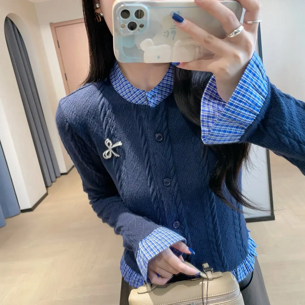 Zedaijai Cardigan Rajut Wanita Elegan Model Slim-fit dengan Aksen Pita dan Ruffle, Jahitan Pelangsing Gaya Dua Lapis Palsu untuk Musim Gugur dan Musim Dingin