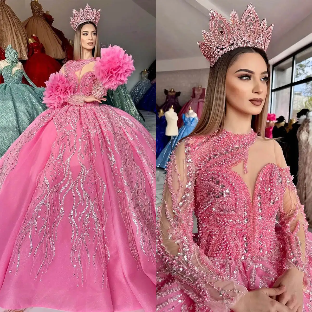 

Изысканные платья для Quinceanera, бальное платье с жемчугом и бисером, платье принцессы с кристаллами и блестками для выпускного вечера, индивидуальный пошив, праздничный наряд