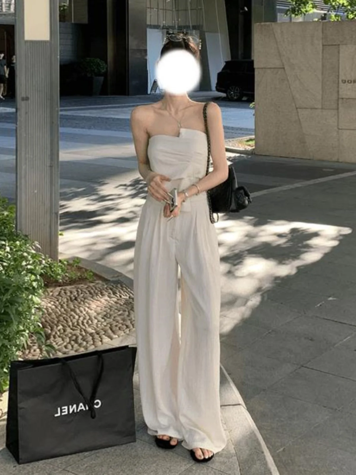 Sexy Trendy White Texture High Waist Wide Leg Pants Set Women's Fashion Asymmetrical Pleated Crop Top And High Waist Pants