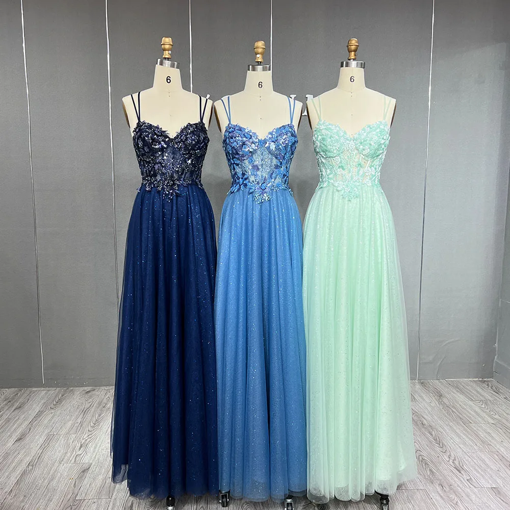 YQLNNE Sweet Blue Spaghetti Beading Long Prom Dresses Embroidered Tulle Lace-up Back Formal Women Party Gown