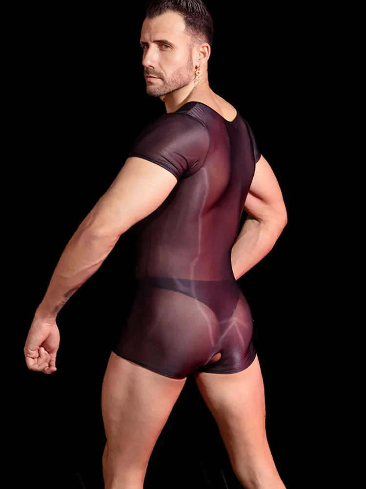 Sexy Thin Transparent Playsuit Men Bodysuit Short Sleeve Open Crotch Tights Open Cortch Leggings Shiny Smooth Leotard Shapewear