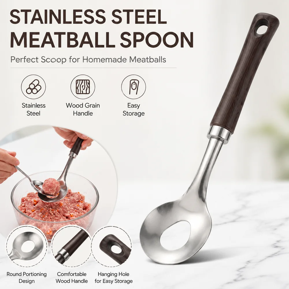 Stainless Steel Meatball Maker Spoon Round Spoon Head Hanging Hole Kitchen Meatball Tool Wood Grain Handle