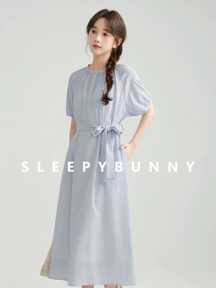 Elegant Blue Short Sleeve Maxi Dress Women French Belted Waist Slim Round Neck Gown Lightweight Flowy Dress Draped Silhouette