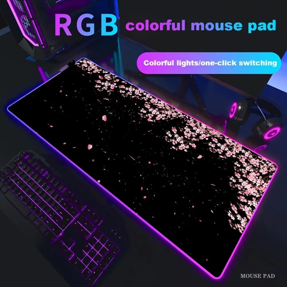 

Коврик для мыши Pink Sakura, большие игровые коврики для мыши RGB, светодиодная подсветка, запираемые края, игровые аксессуары, настольные коврики, коврик для клавиатуры ПК XXL 90x40 см