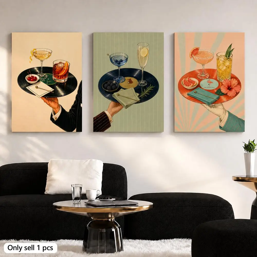 Vintage Cocktail Vinyl Record Bar Tray Framed Wall Painting Ready to Hang Framed Canvas Set of 3 Poster for Room Bedroom Decor