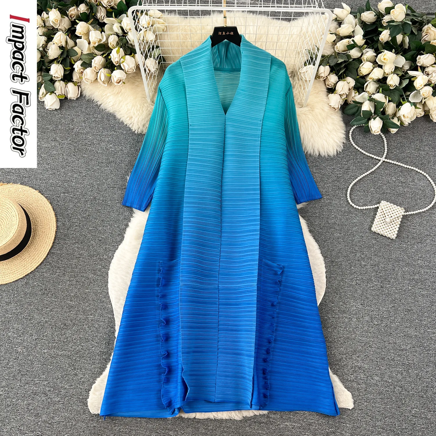 French Vintage High Grade Gradual Color Changing Pleated Split Belt Lapel Dress Women's Loose and Slim A-line Large Swing Skirt