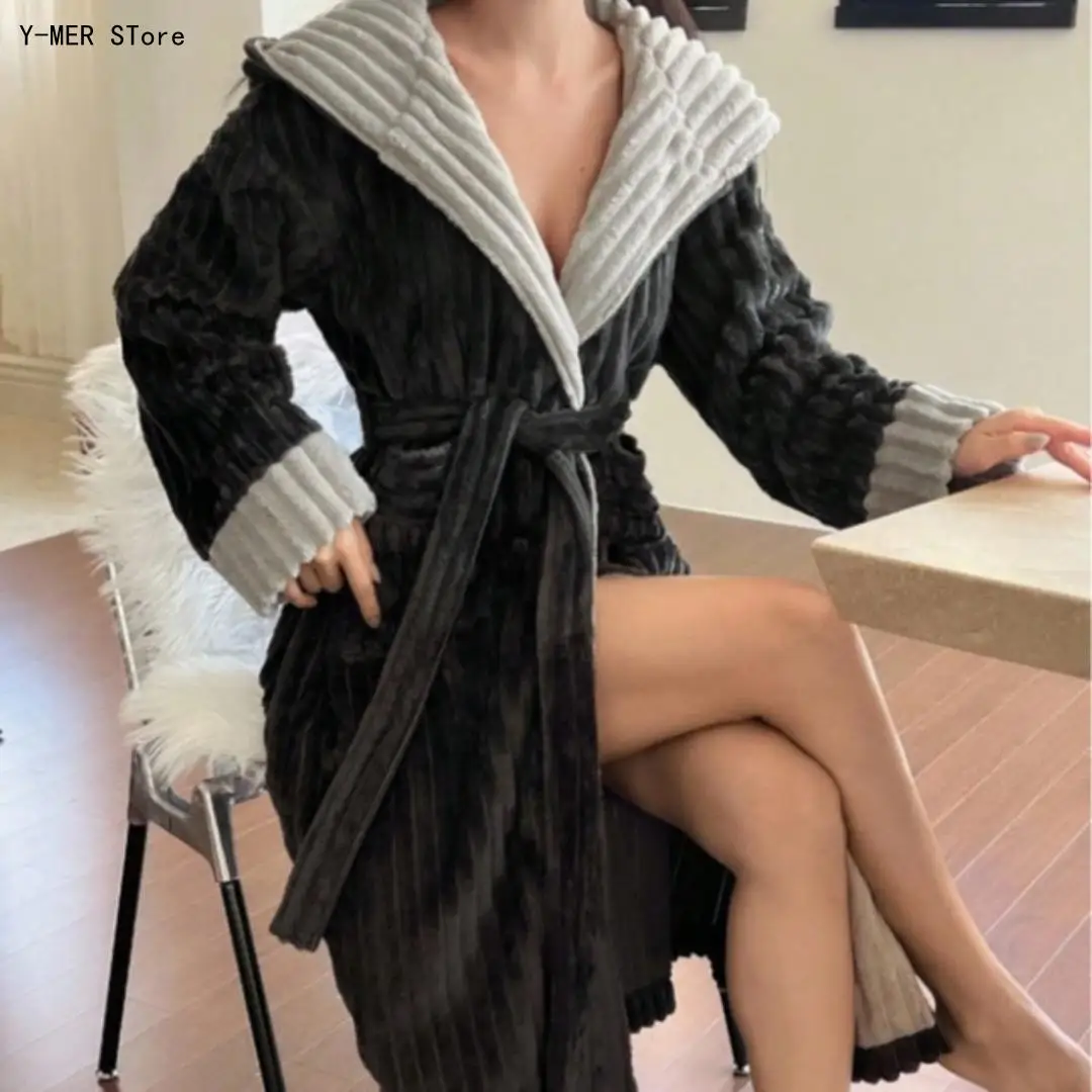 Women Contrast Color Lapel Vertical Striped Coral Fleece Bathrobe Tie Waist Long Loungewear Thermal Outerwear Sleep Robe