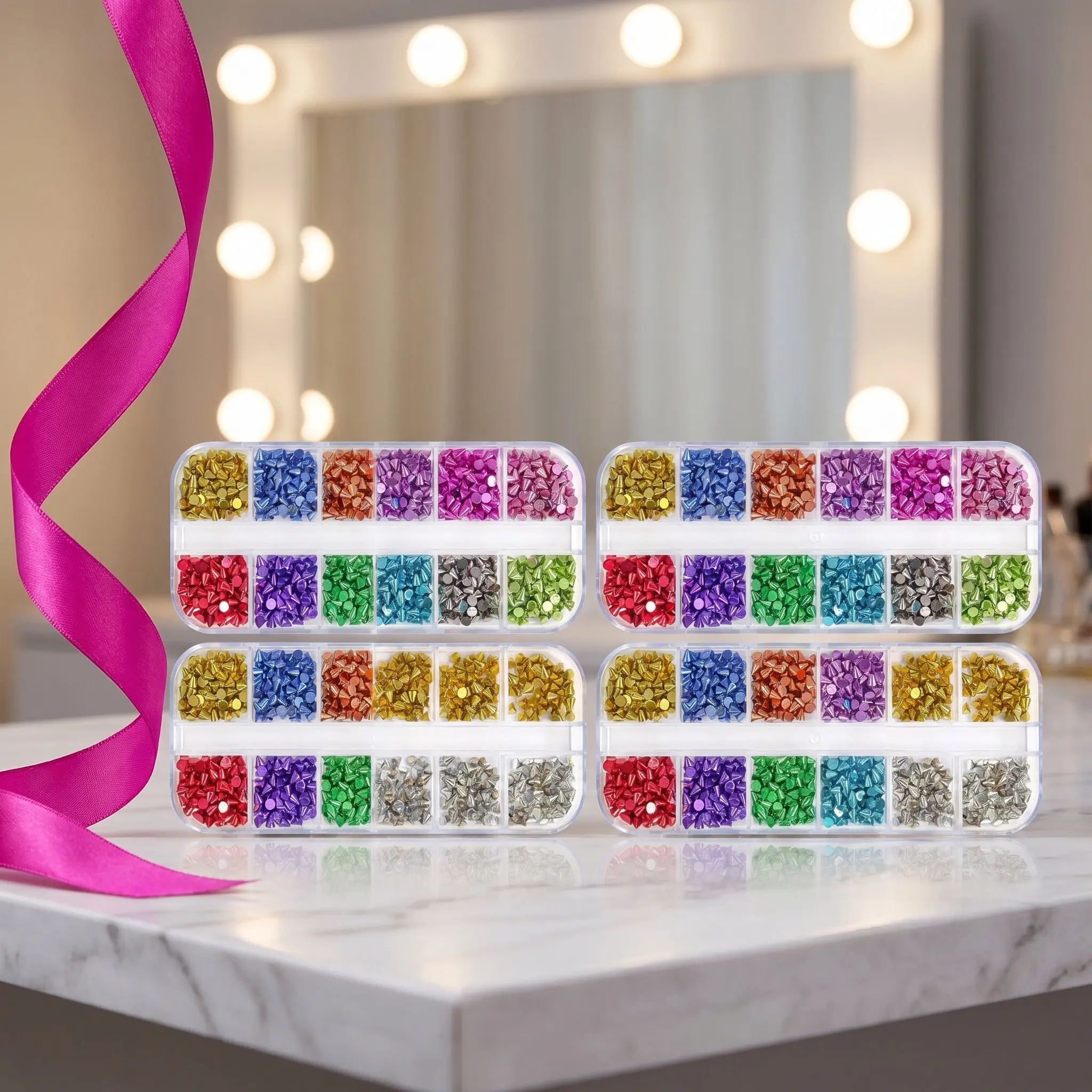 4 Boxes Cone Spike Nail Charms Gold Silver Multi-Color Metal Studs Nail Art Punk Rivet Charms Organized 12-Grid Box