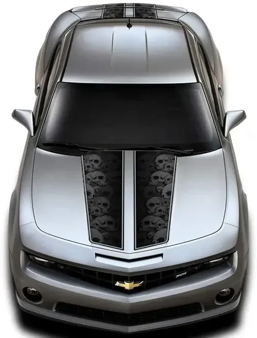 Car-Gear Hood & Trunk Race Stripes Graphics Kit 3M Vinyl Decal Wrap Compatible with Chevy Camaro 2010-2015 - Gray Skulls