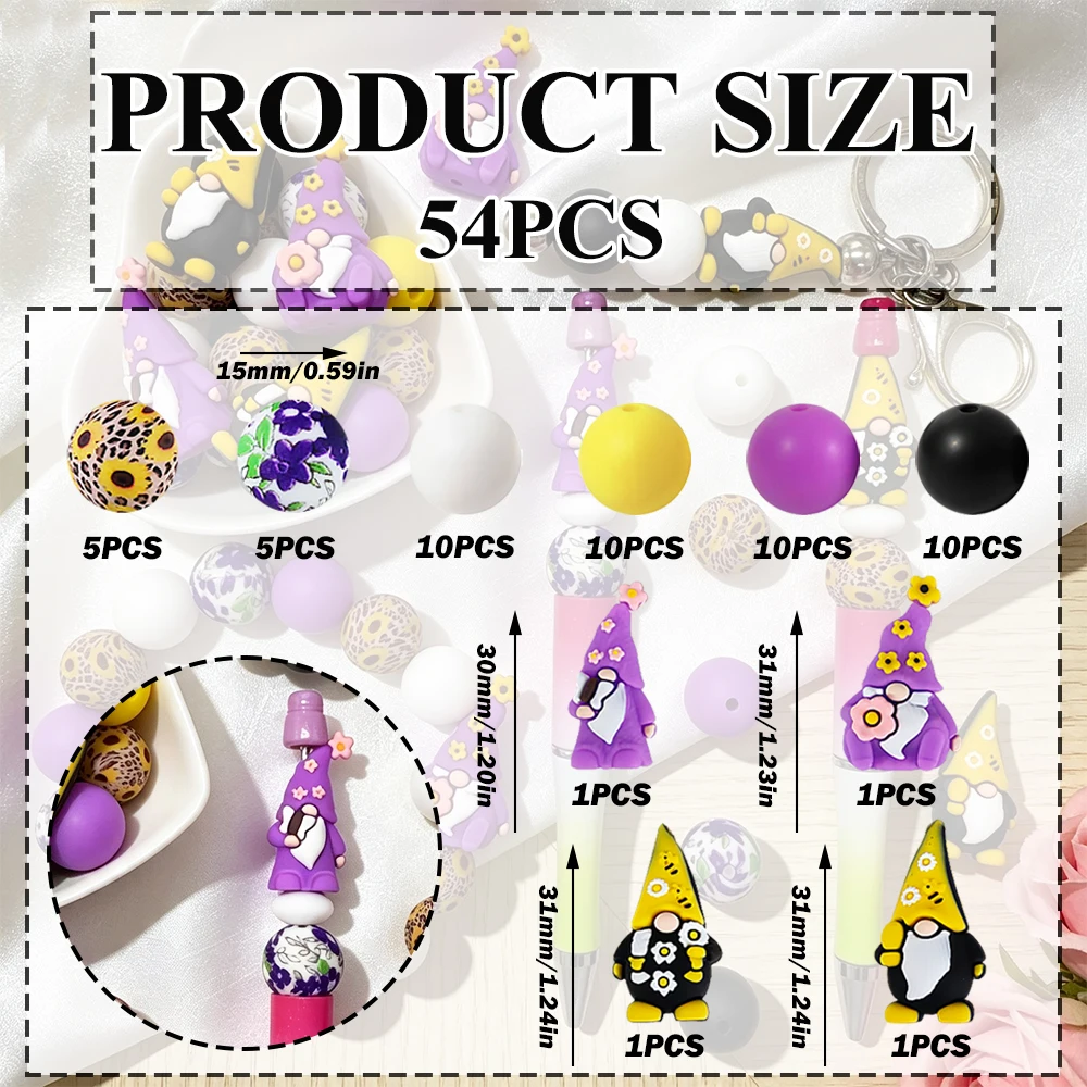 34/54 Stück gelbe und lila Zwerg-Silikonperlen-Set, DIY-Perlenkette, Armband, Dekoration, Stift, Schmuck, Anhänger usw. Geburtstagsgeschenk für die Feiertage – Detail 4