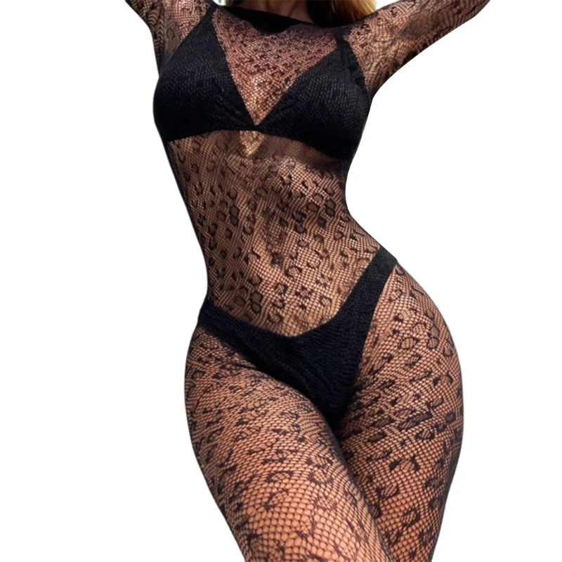 Women Sexy Hollow Out Mesh Bodystocking Leopard Fishnet Lingerie Long Sleeve See Through Bodysuit Jumpsuit Nightwear