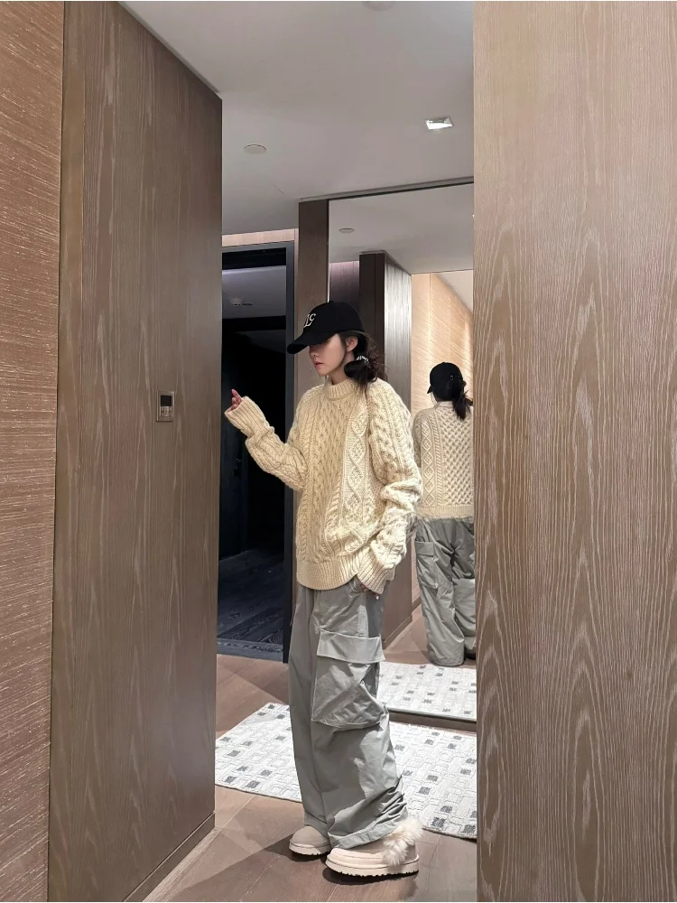 

PEACHZHOU Fleece Lined Workwear Pants Casual Loose Warm Lightweight Wide Leg Long Trousers for Women Polyester Fiber