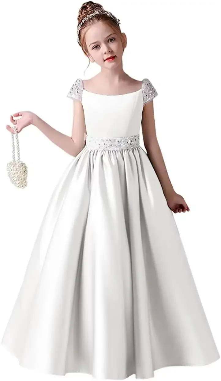 

Girls Pageant Dresses Satin Flower Girl Dress Cap Sleeves Ball Gown Sequin Princess Birthday Party Dress pageant dress for girls