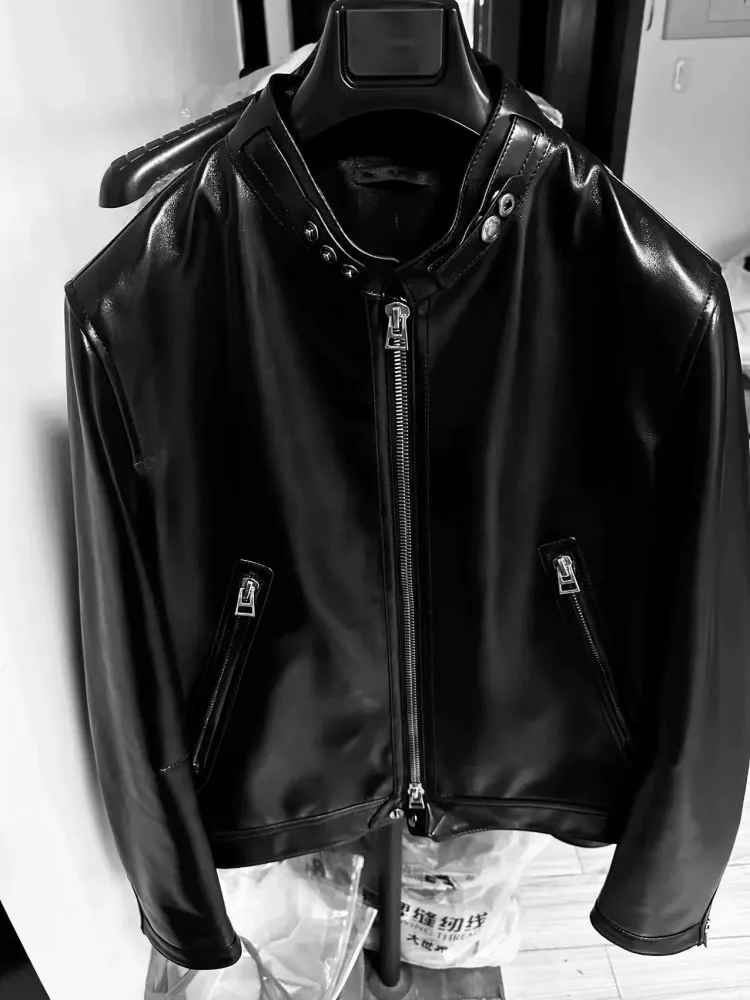 Top Quality Luxury Genuine Suede Mens Jacket Natural Sheepskin Stand Collar Zip Slim Fit Business Casual Winter Motorcycle Coat