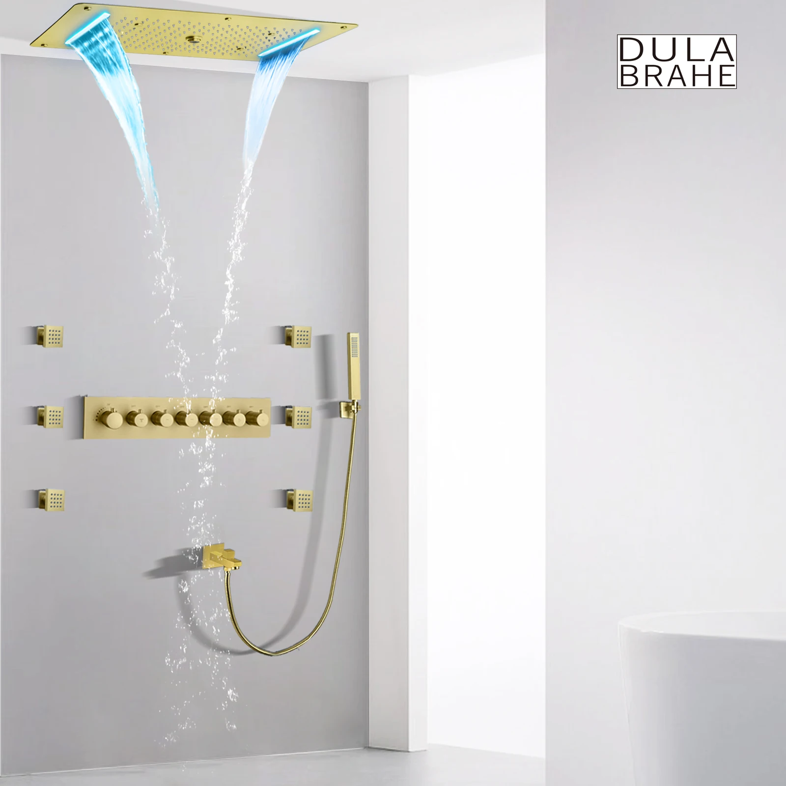 Concealed Brushed Gold Shower Set Luxury Wall Mounted Bathroom Set Shower Faucet Rain Waterfall System