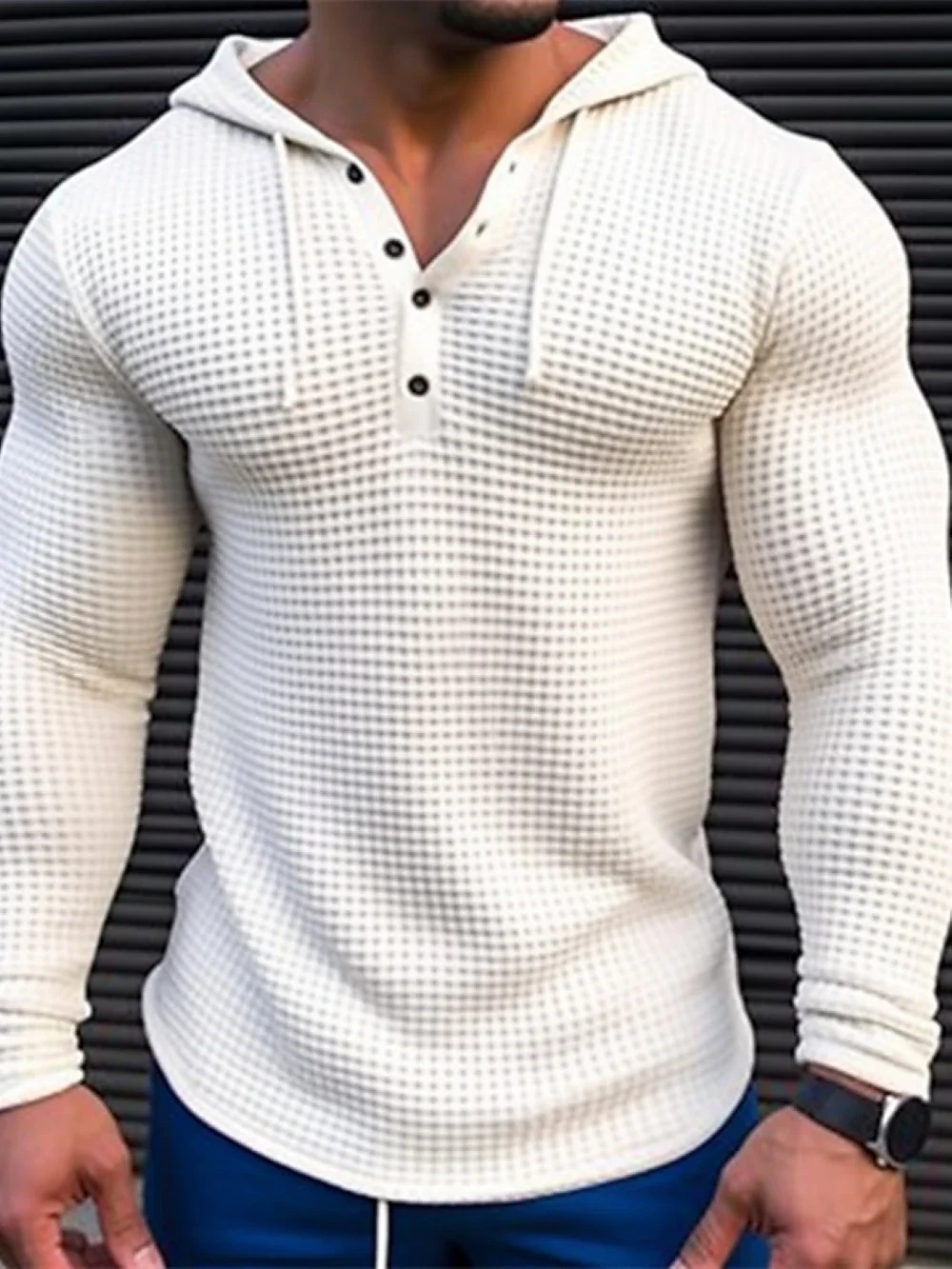 Spring Solid Color Slim Fit Long Sleeved T-shirt, Men\'s Hooded Breathable Sports Top, Waffle Cotton Casual Long Sleeved Shirt