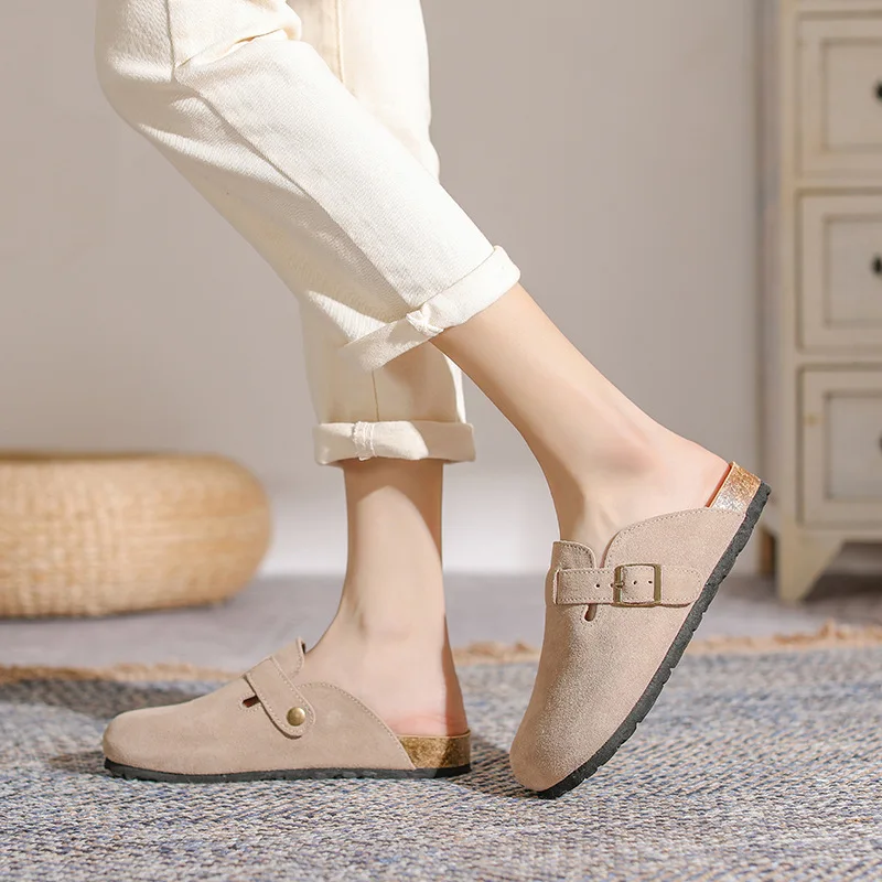 Women's Genuine Leather Boken Shoes Soft Cork Sole Height Increasing Half Slippers Outdoor Wear Slip-on Women Slippers Casual