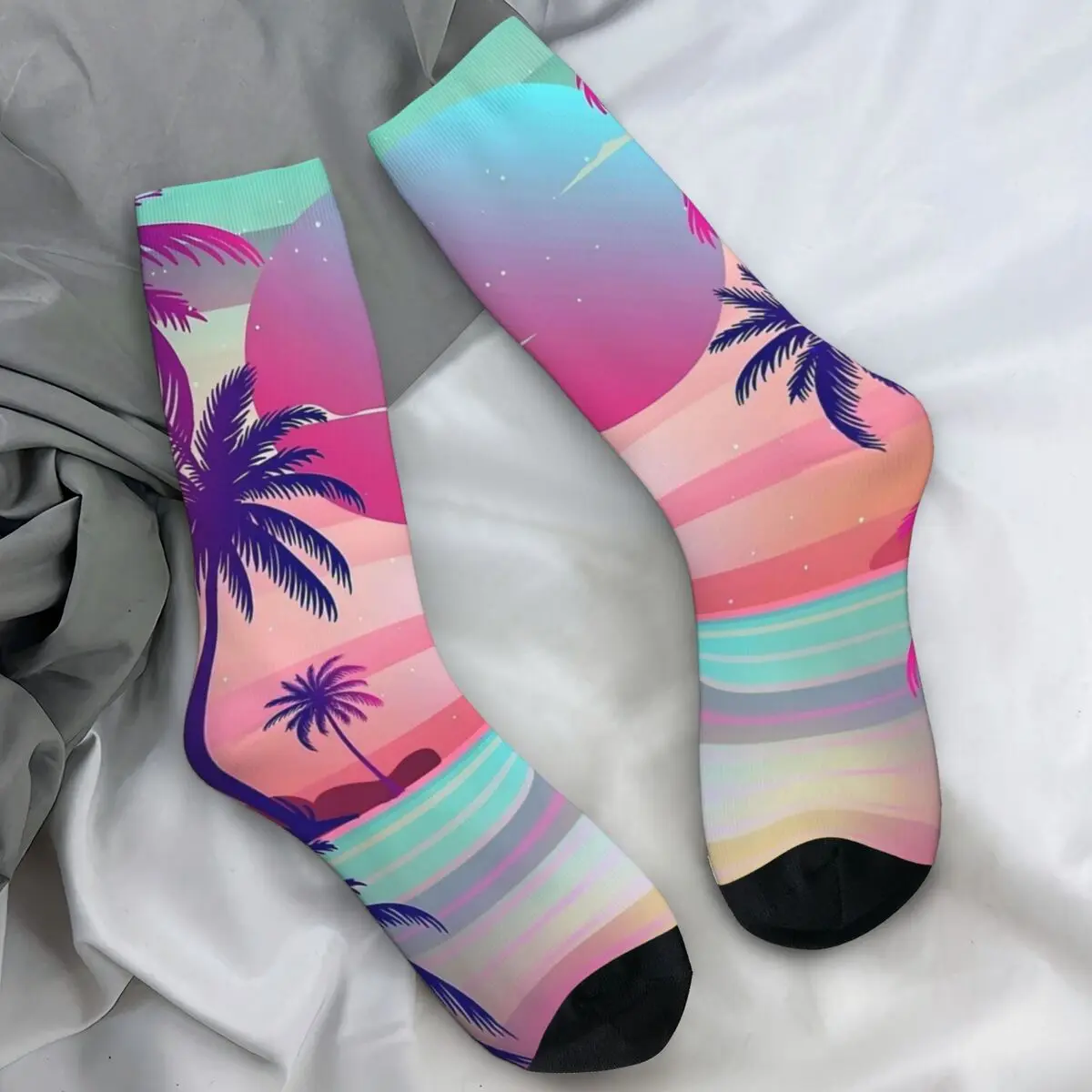 

Фиолетовые носки с пальмами заката, модные чулки для женщин и мужчин, качественные велосипедные носки, весенний дизайн, нескользящие носки