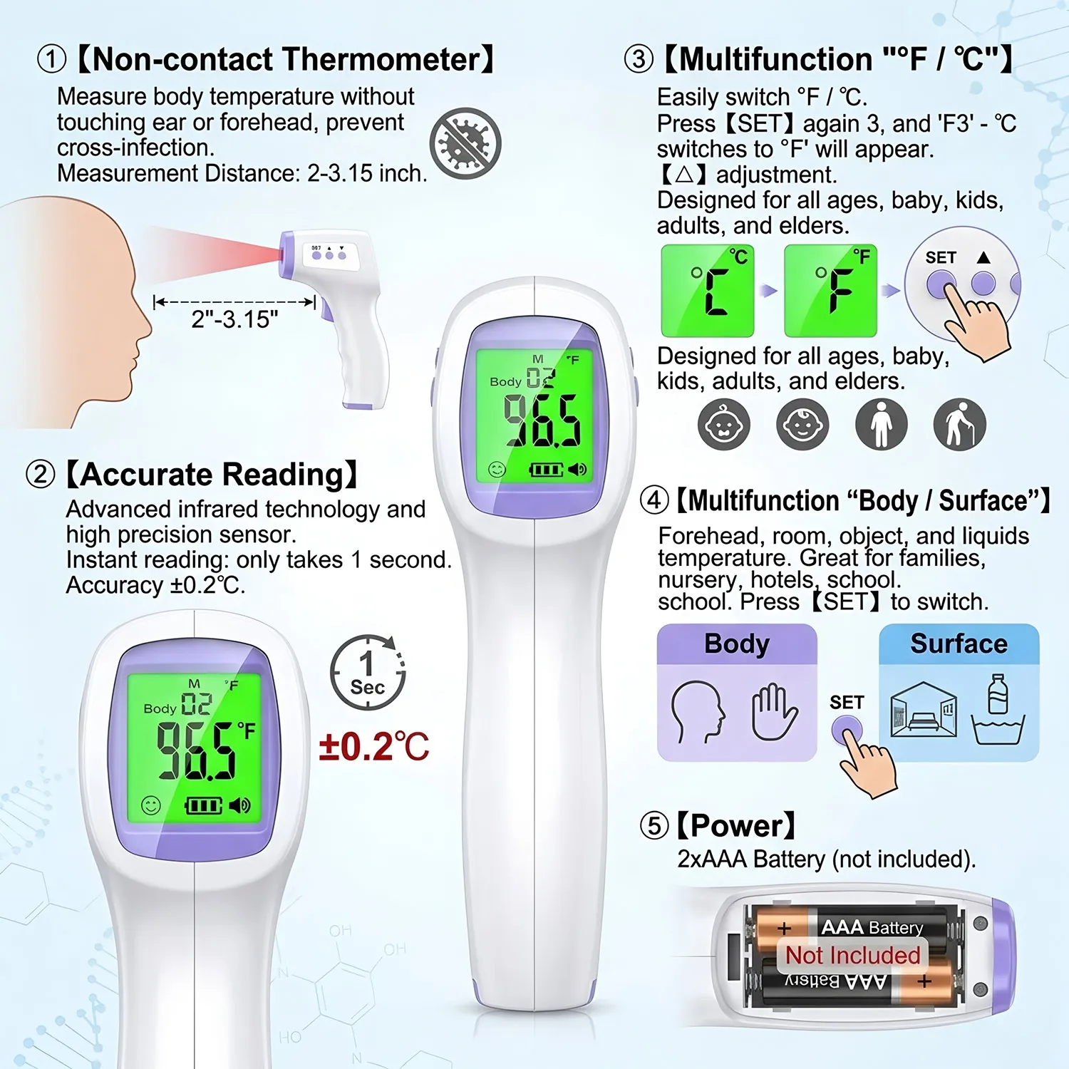 Non-contact Body Temperature Digital Forehead Thermometer Electronic Contactless Clinical Accuracy Meter Fever For Adult Child