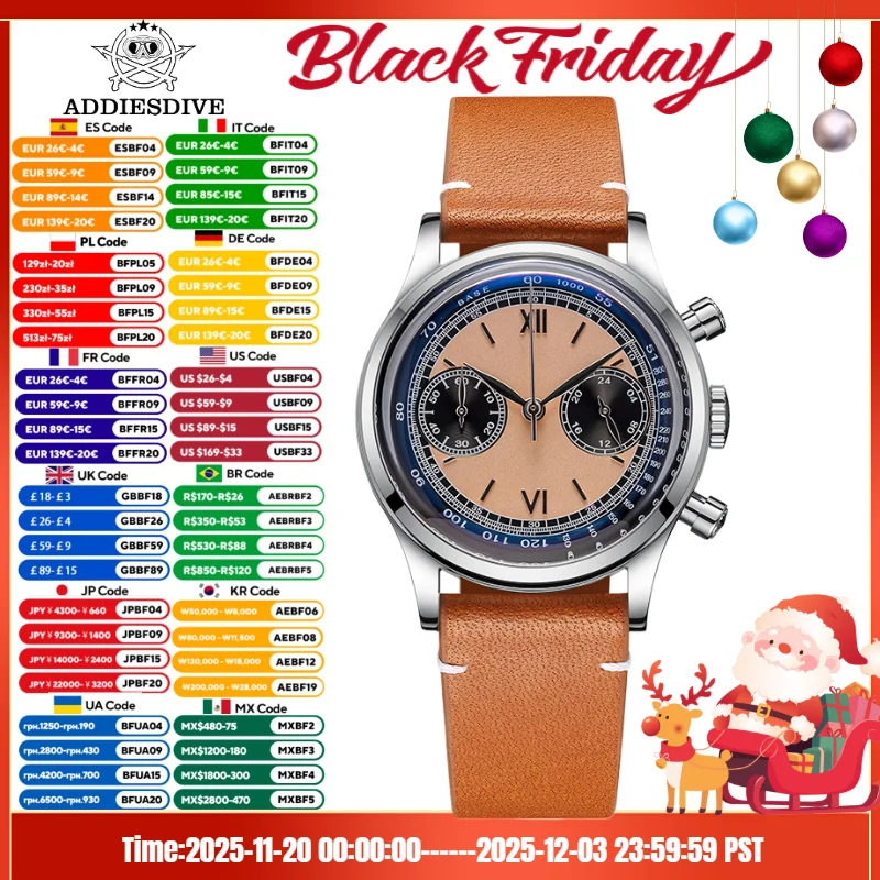 ADDIESDIVE AD2037 VK64 Многофункциональные часы с хронографом 10 бар Водонепроницаемые мужские кожаные часы Кварцевые часы Reloj Hombre
