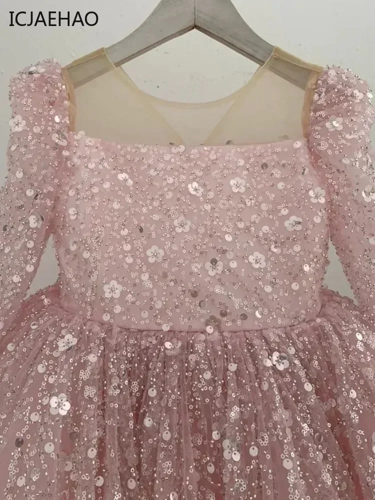 2025 Party Dresses for Girls Children Birthday Evening Matching Elegant Shinny Sequin Princess Ball Gown Long Sleeve Formal