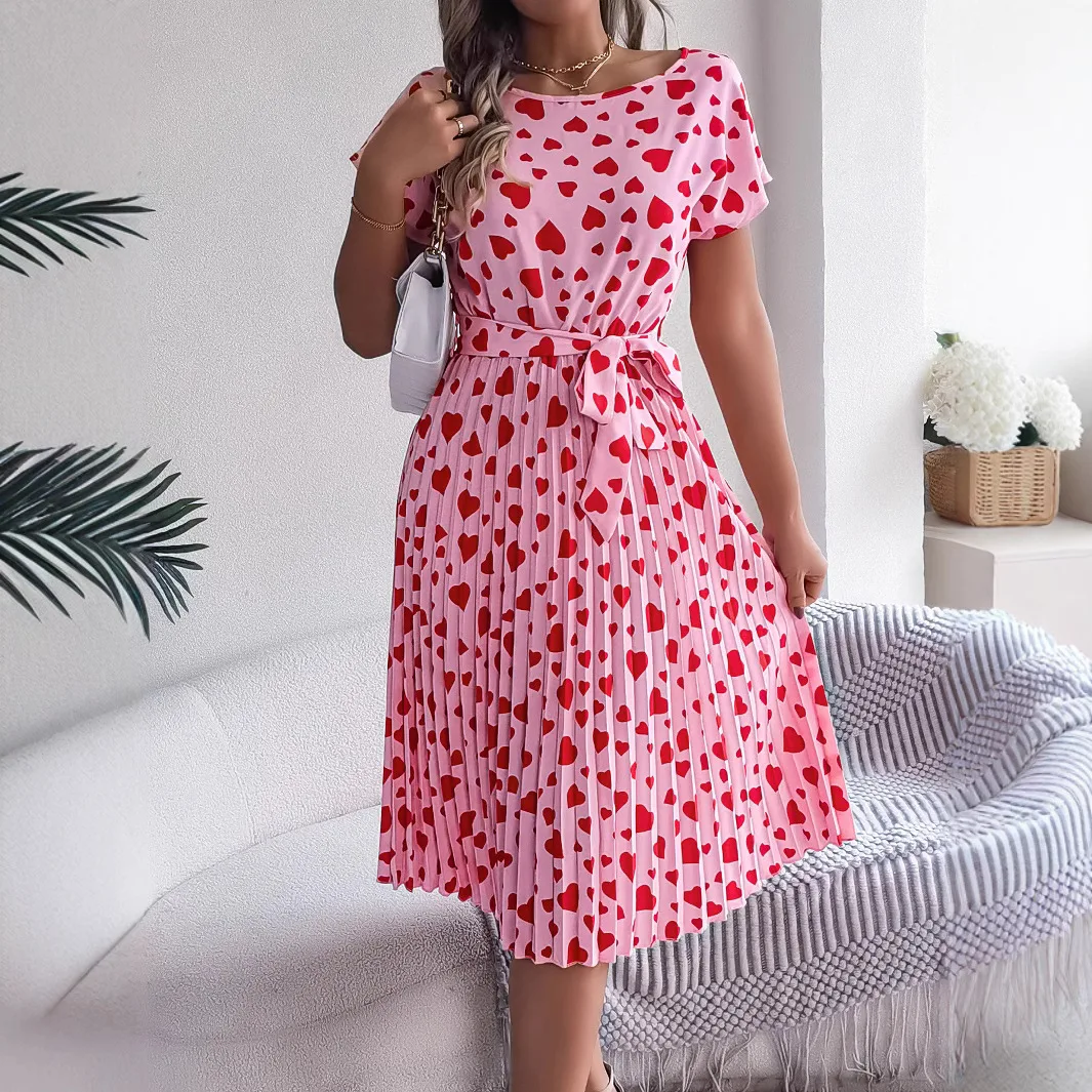 فساتين نسائية قصيرة الأكمام 2025 فستان صيفي بطيات الخصر D dlhie Sukienki Vestidos De Robe L Femmes Vacaciones