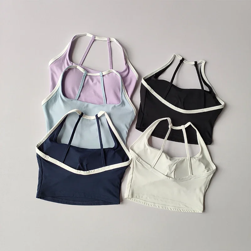 

Solid Color Support Women Fitness Bra Yoga Vest Gym Sport Top Hollow Back Push With Chest Pad Four Shoulder Straps Running Suit