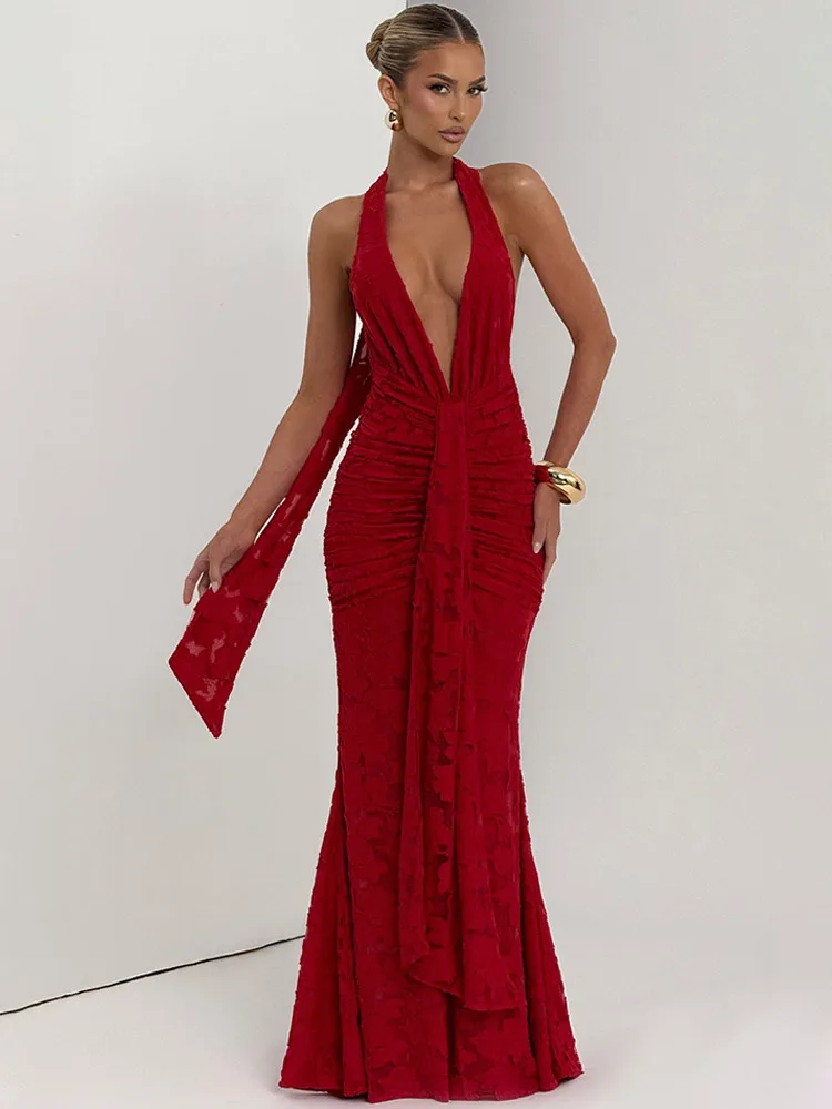 Apprabant Deep V-Neck Patchwork Evening Maxi Dress Women's Halter Tie Tank Sexy Backless Ruched Ribbon Long Dress Partywear