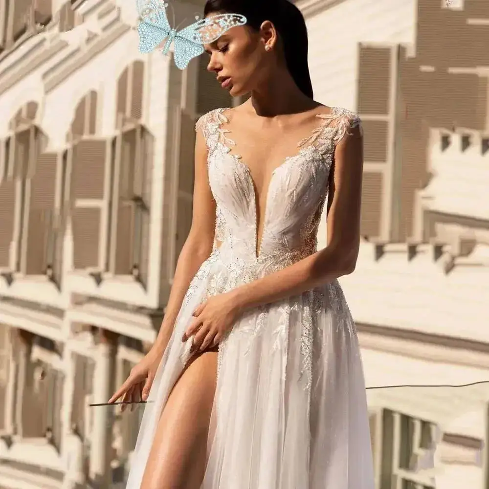 

Boho A-Line Dresses Lacev Neck Illusion Sweep Train Wedding Dress Bridal Gowns Vestidos De Novi Side Split In Stock Customized