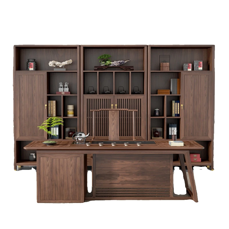 

New Chinese solid wood bookcase combination office black walnut frame