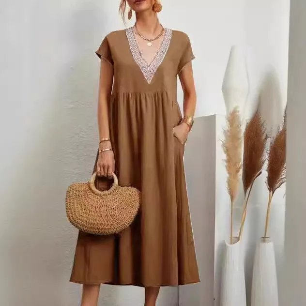 

Loose Comfortable Women's Dress New Product Solid Color Lace V-neck Sleeveless Loose Cotton Comfortable Linen Pocket Dress