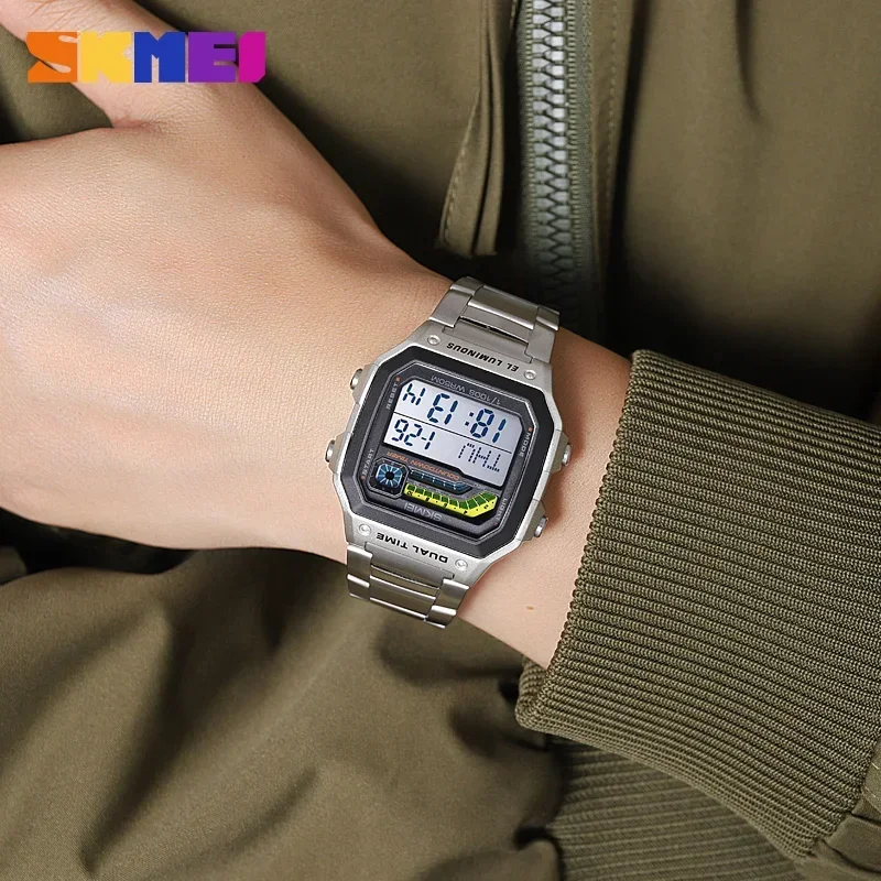 SKMEI 2307 jam tangan Digital pria, jam tangan olahraga tahan air mewah untuk pria, tampilan LED hitung mundur, baja tahan karat, arloji pria tahan guncangan