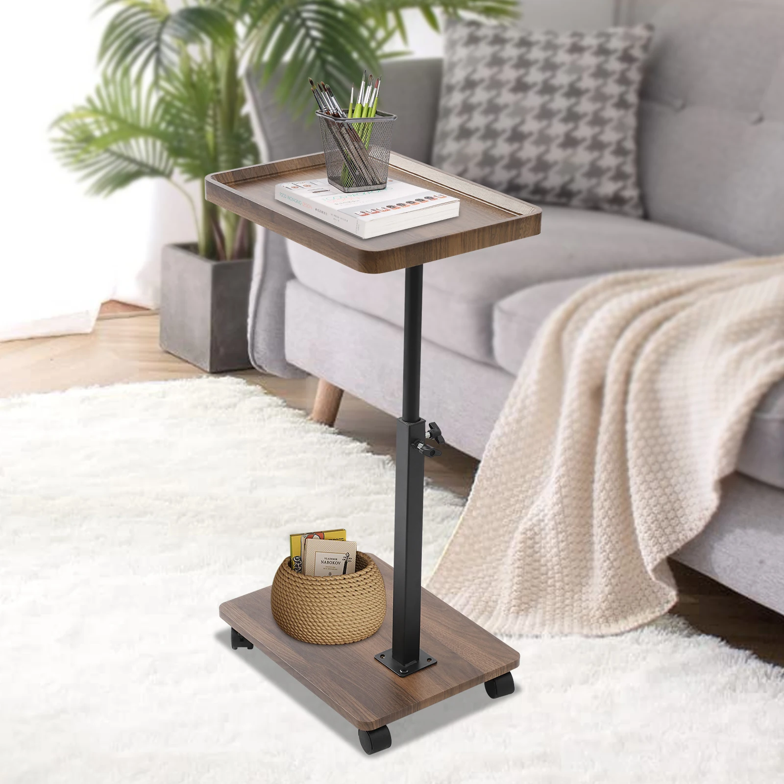 

C-Shaped End Table with 4 Universal Wheels, 360° Swivel Top, Adjustable Height (17.71" To 31.5"), Modern Narrow Sofa Side Table